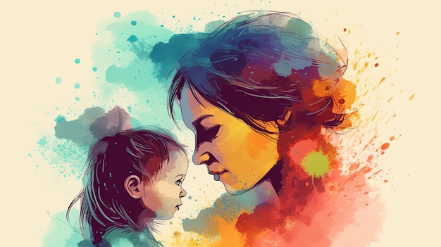 The colorful Mother's Day illustration of a child embracing their mother