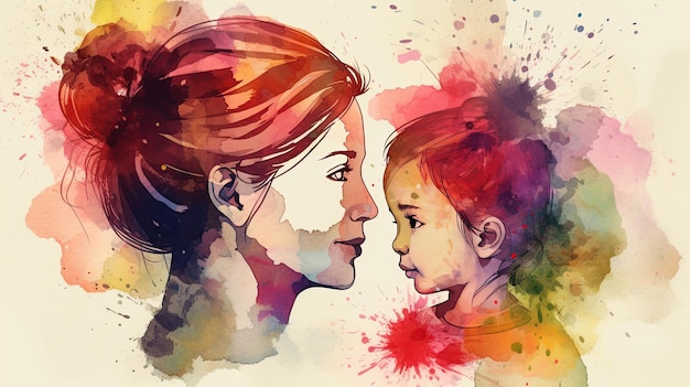 The colorful Mother's Day illustration of a child embracing their mother