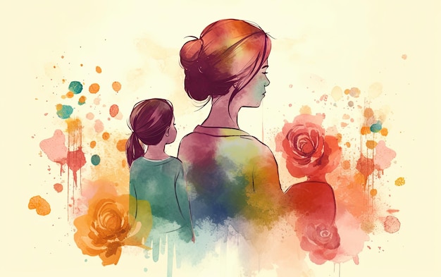 The colorful Mother's Day illustration of a child embracing their mother