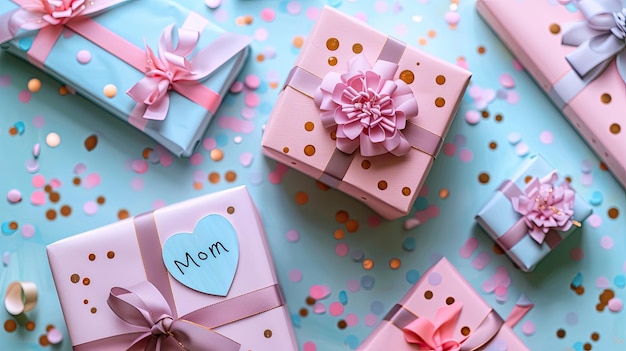 Colorful Mother39s Day Gifts with Elegant Bows and Confetti