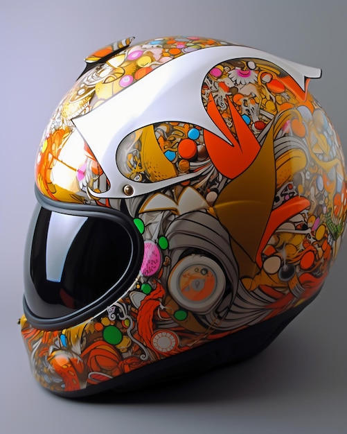 A colorful motorcycle helmet with a white and orange design.