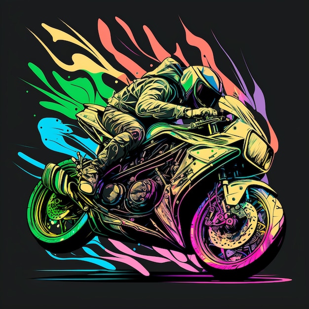 A colorful motorcycle with a rider on the back.