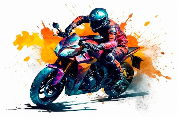 A colorful motorcycle with a rider on the front.