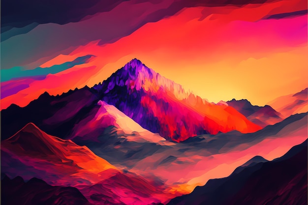 A colorful mountain landscape with a mountain in the background.