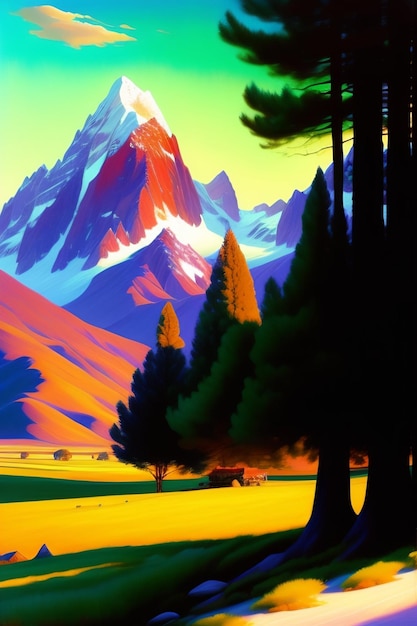 A colorful mountain landscape with a mountain in the background.