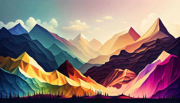 A colorful mountain landscape with a mountain range in the background.