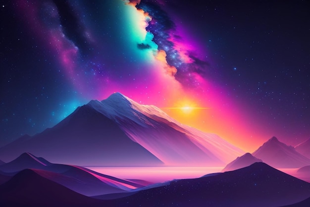 A colorful mountain landscape with a pink and purple background.