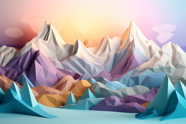 A colorful mountain landscape with a pink and purple background.