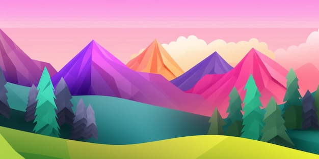 A colorful mountain landscape with a pink sky and a few trees.