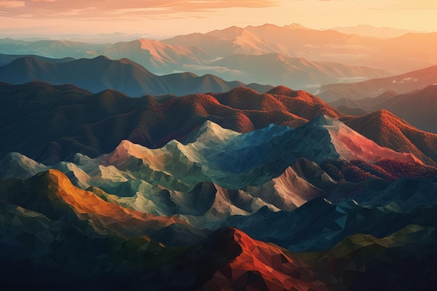 A colorful mountain landscape with a sunset in the background.