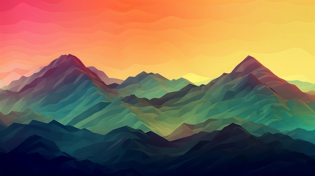 A colorful mountain landscape with a sunset in the background.