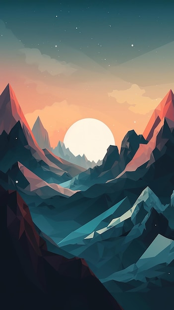 A colorful mountain landscape with a sunset in the background