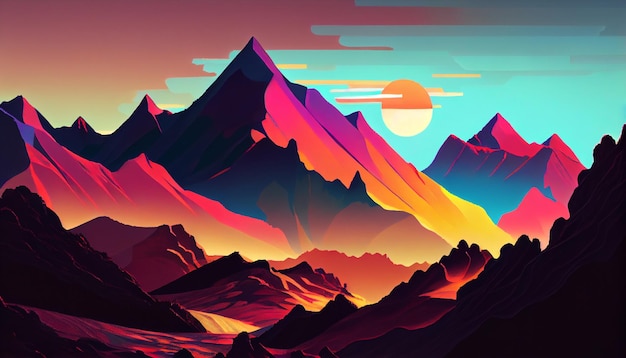 A colorful mountain landscape with a sunset in the background.