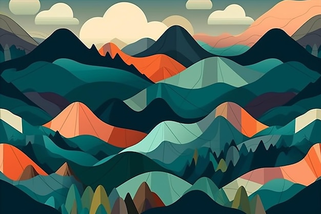 A colorful mountain landscape with trees and mountains in the background.