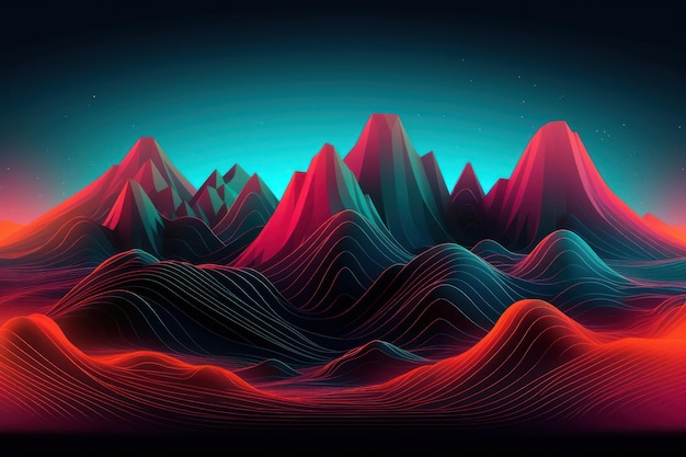 A colorful mountain range with a blue background.