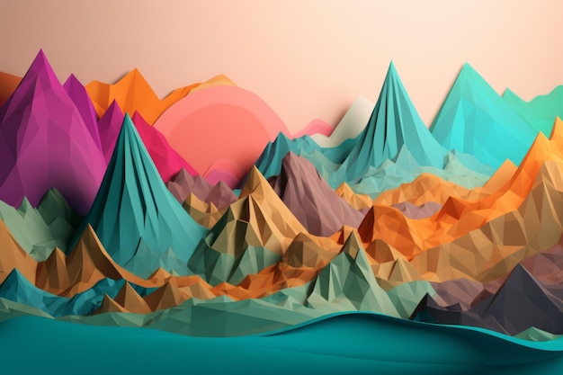 A colorful mountain range with a pink and orange background.