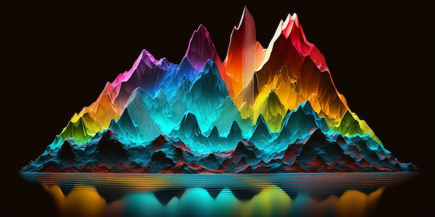 A colorful mountain range with a rainbow on the top.