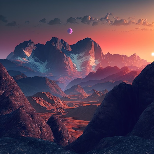 Colorful mountain ranges with the moon in the background, beautiful landscape