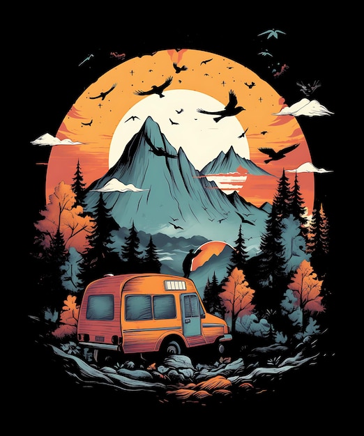 다채로운 산 여름 캠핑 티셔츠 디자인 배경 Generative By Ai