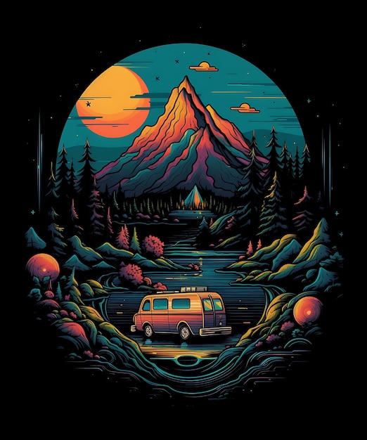 Colorful Mountain Summer Camping Tshirt Design Background Generative By Ai