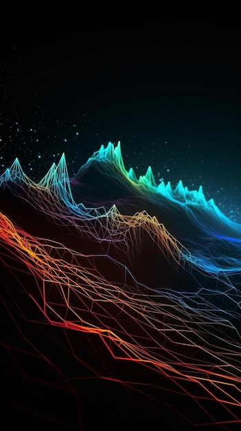 A colorful mountain with a black background and a neon rainbow on the bottom.