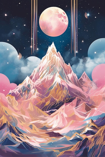 A colorful mountain with a pink planet above it