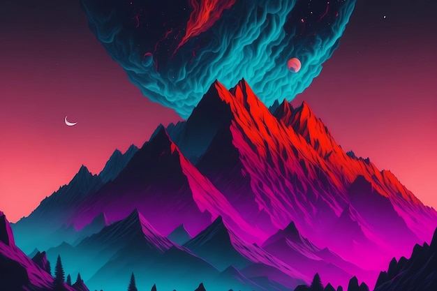 A colorful mountain with a planet and a moon in the sky