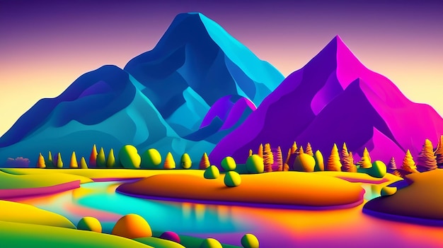 Colorful mountain with a river and trees 3d cartoon style