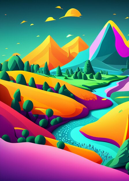 Colorful mountain with a river and trees