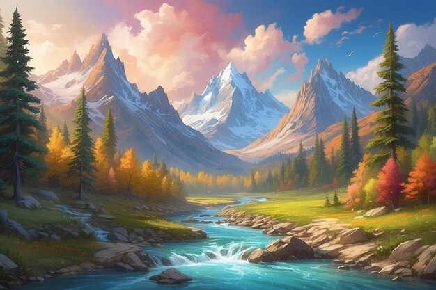 Colorful mountain with a river and trees