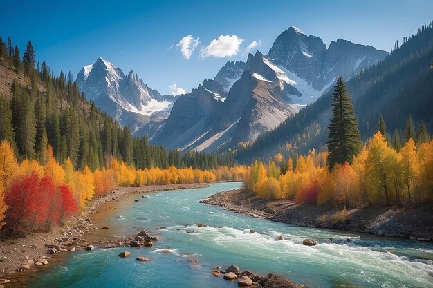 Colorful mountain with a river and trees