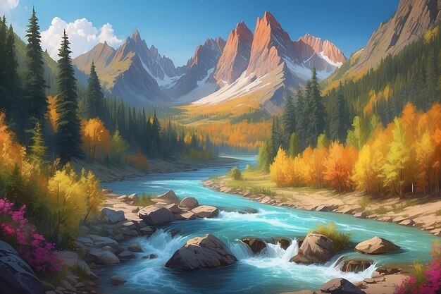 Colorful mountain with a river and trees