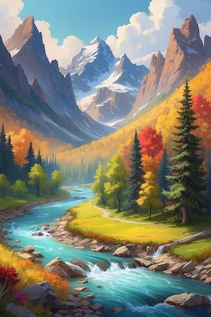 Colorful mountain with a river and trees