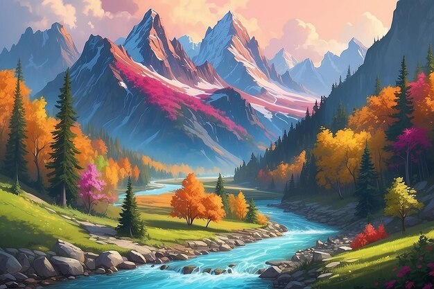 Colorful mountain with a river and trees