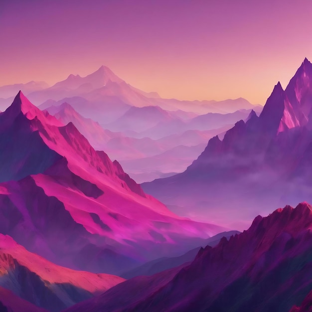 Colorful mountains in the background of pink and purple colors