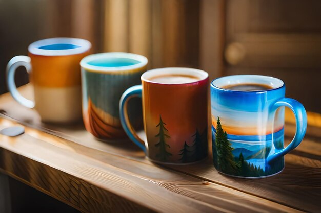 colorful mugs on a shelf, with trees on the top.