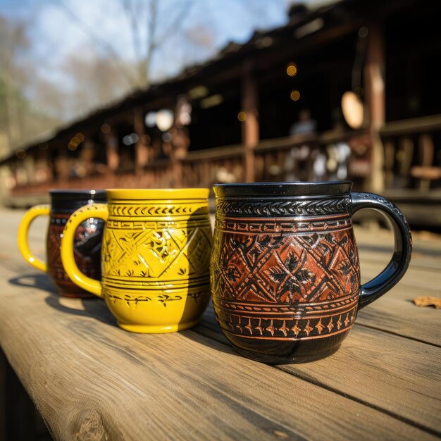 Colorful mugs on a table near a cabin