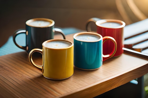 colorful mugs on a table with one that says " latte ".