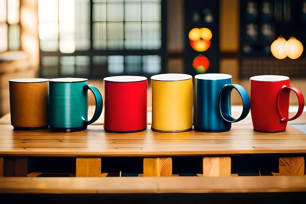 colorful mugs on a table with one that says " the word " on the bottom.