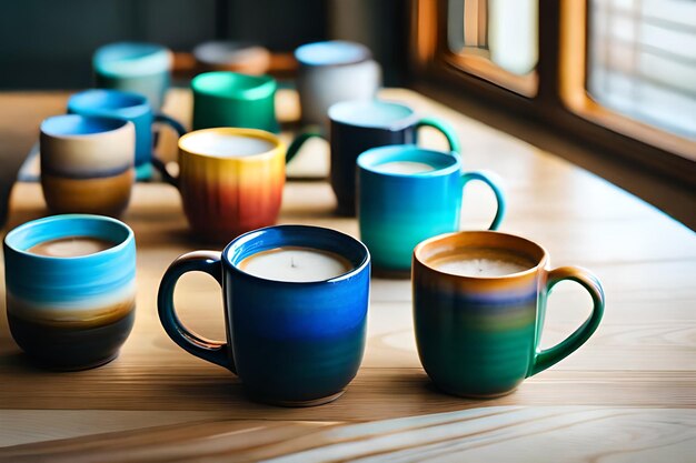 colorful mugs on a table with a window in the background