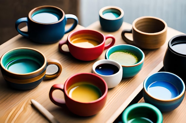 colorful mugs on a table, with a yellow liquid in the middle.