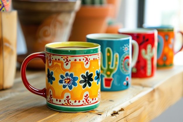 Colorful mugs with traditional patterns on a wooden shelf