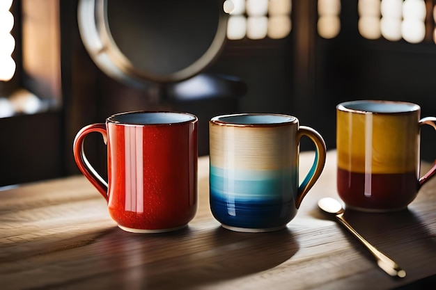 Colorful mugs on a wooden table with a silver spoon.