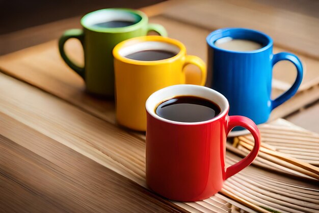 colorful mugs on a wooden table with the words coffee in the middle.