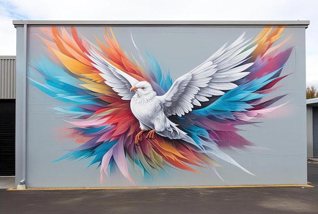 a colorful multicolored mural of a dove was painted on a building in the style of white and silver