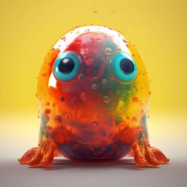 Photo a colorful multicolored plastic frog with blue eyes is on a yellow background