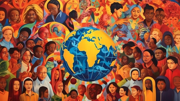 A colorful mural depicting diverse cultures and global unity reflecting the inclusive and multicult