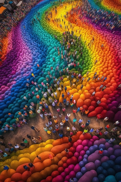 A colorful mural of people in a rainbow pattern