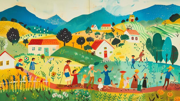 A colorful mural of a village in the mountains