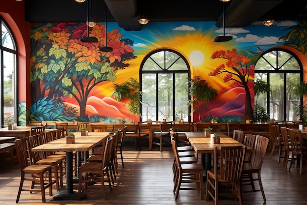 A Colorful MuralAdorned Restaurant with Wooden Tables and Chairs AI